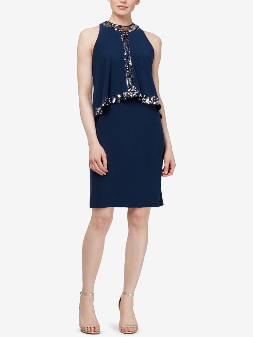 S.L. Fashions Womens Sequin Trim Popover sleeveless Jewel Cocktail Dress